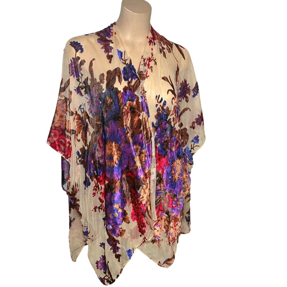 Woven Heart Velvet Burnout Multicolor Kimono Wrap Sheer Layering Floral Boho